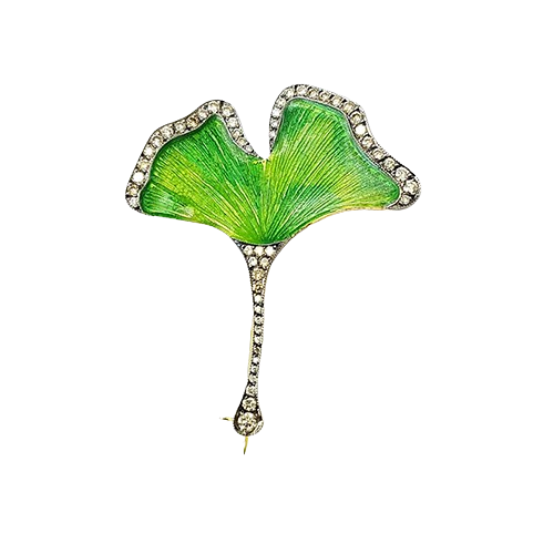 Handcrafted ginkgo leaf brooch in gold, enamel and diamonds